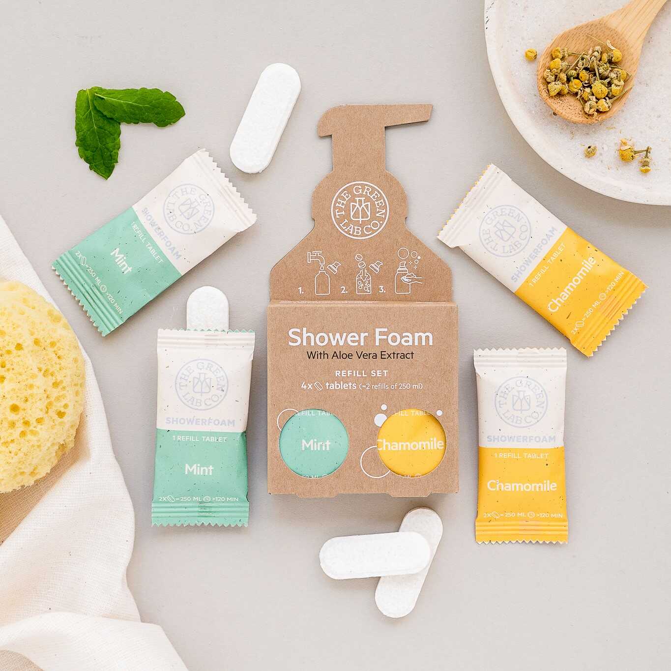 The Green Lab Co Shower Foam Refill Set with Aloe Vera — 4 tablets (Mint & Chamomile).